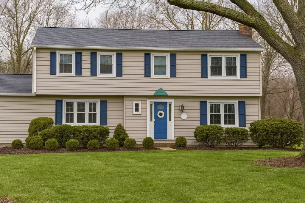 Une maison beige sublimée par les nuances de bleu
