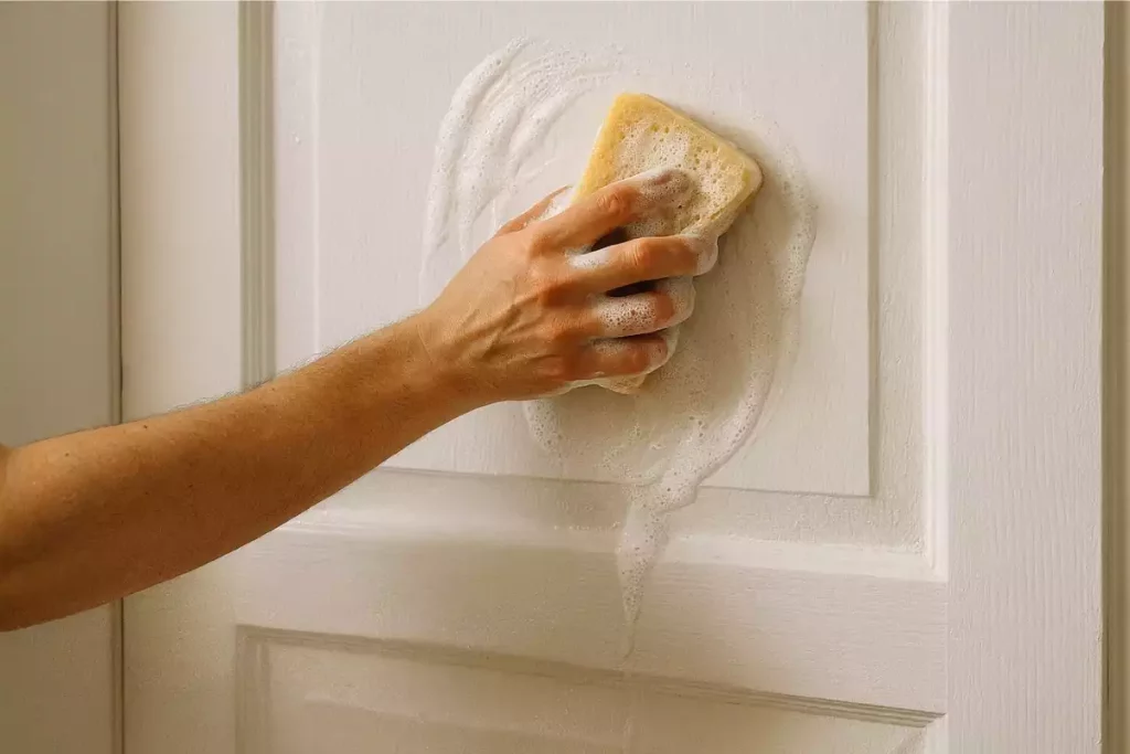 nettoyage une porte peinte en blanc
