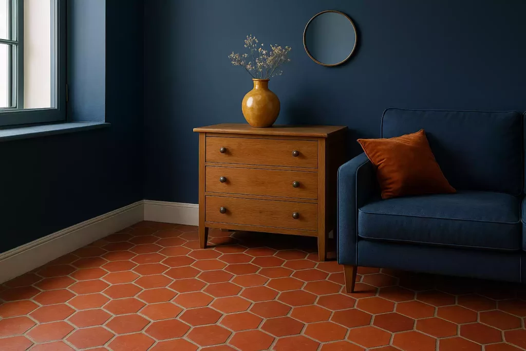 L’élégance du bleu indigo face à la tomette rouge