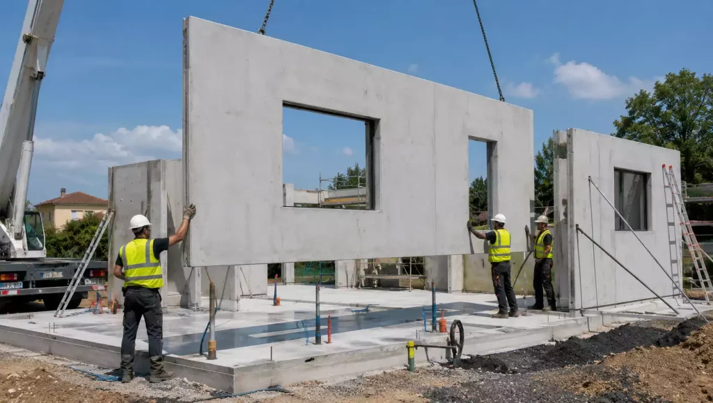 Maison préfabriquée en béton en cours d'assemblage sur le chantier
