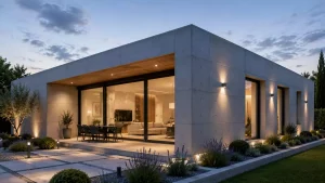 Maison préfabriquée en béton moderne posée sur son terrain