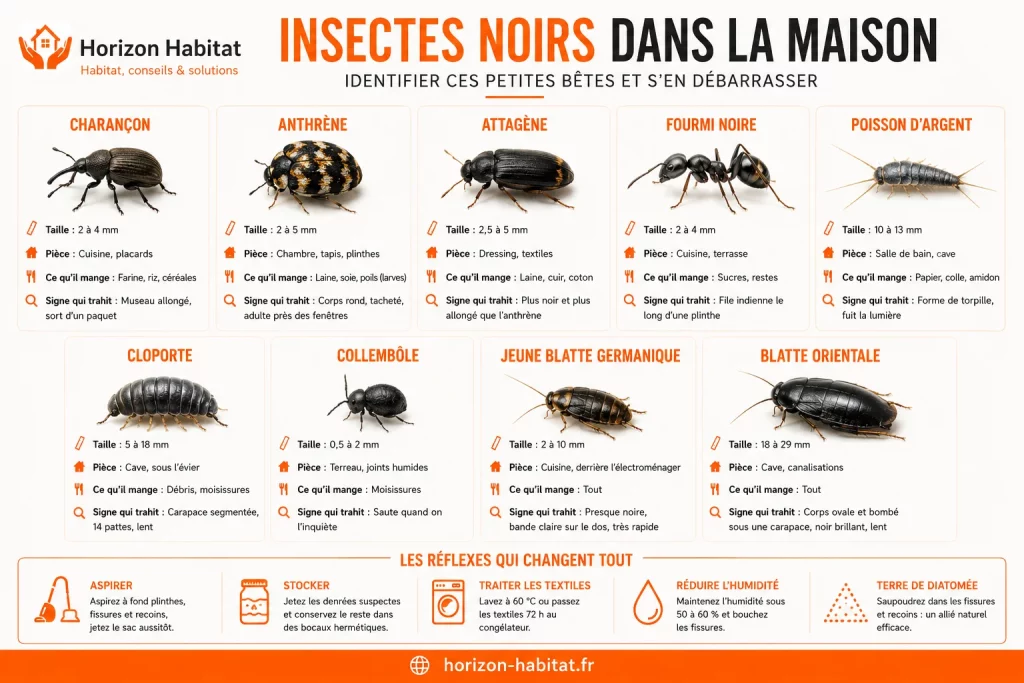 Petite bête noire dans la maison : identifier l'espèce selon la pièce et la taille
